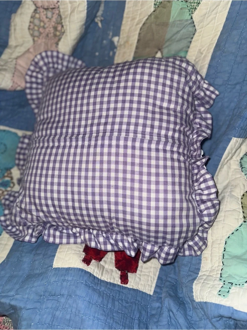 Vintage purple gingham embroidered throw pillow